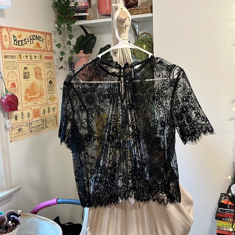 Black see through floral top “DIVIDED by H&M” Size US 10